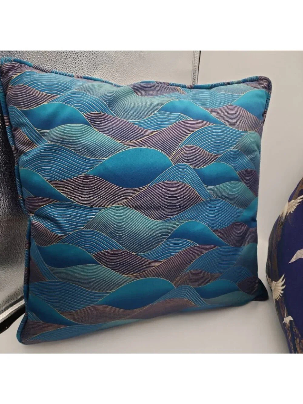 Vintage Blue & Gold Crane Pillows Set Of 2 16x16